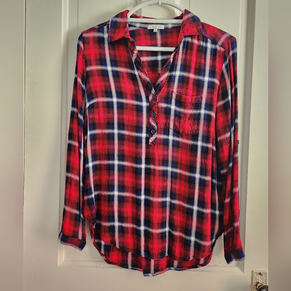 Lila Li Long Sleeve Blouse, red and blue plaid, small